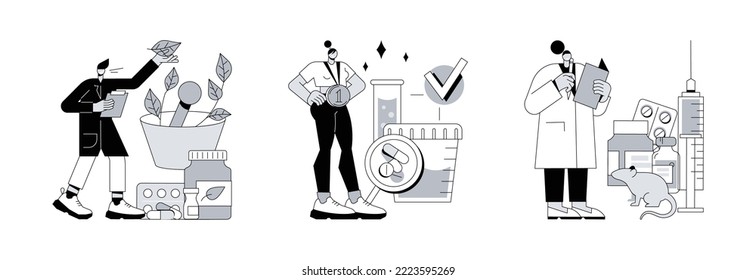 Conjunto de ilustraciones vectoriales de concepto abstracto de negocios farmacéuticos. Homeopatía, fármacos de rendimiento, pruebas con animales de medicamentos, esteroides anabólicos, enfoque holístico, metáfora abstracta de fármacos naturales.