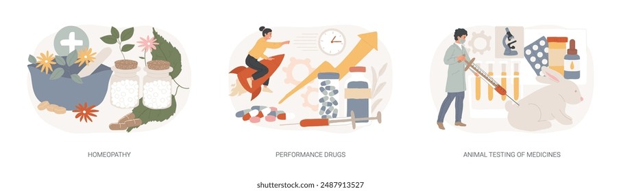 Conjunto de Ilustración vectorial de concepto aislado de negocio farmacéutico. Homeopatía, drogas de rendimiento, pruebas en animales de medicinas, esteroides anabólicos, enfoque holístico, concepto de Vector de drogas naturales.