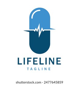 Pharmaceutical Capsule Medicine Vector with electrocardiogram wave design in the center. This logo is suitable for companies in the health and pharmaceutical sectors