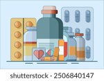 Pharmaceutical care concept. Medicine icon set. Round pills and medicine bottles, and medicine in capsules. Prescribing medicine. Flat vector illustration on background.