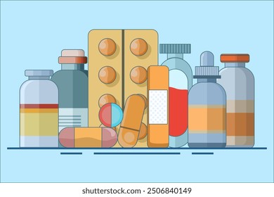 Pharmaceutical care concept. Medicine icon set. Round pills and medicine bottles, and medicine in capsules. Prescribing medicine. Flat vector illustration on background.