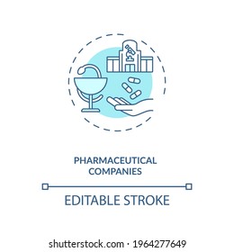 Icono conceptual de las compañías farmacéuticas. Intenta auspiciar la idea de la línea delgada. Farmacia, compañía farmacéutica. Negocios comerciales. Dibujo de color RGB con contorno aislado del vector. Trazo editable