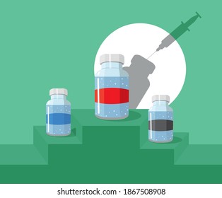 Pharmaceutical companies or countries that come out of the podium. Vaccination concept. Infectious disease. Injection syringe needles. Healthcare, hospital and medical diagnosis.  Vector in modern.