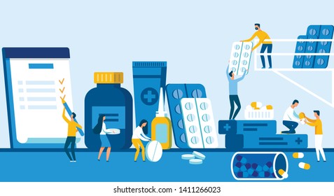 Pharmaceutical Company Creates New Drug Formula. Success Men and Women Sort Tablets and Capsules in Laboratory, Cartoon Flat. Employee Company Signs Big Pen Contract. Vector Illustration.