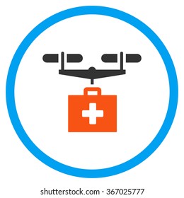 Pharmaceutical Copter Shipment vector icon. Style is flat circled symbol, orange and blue colors, rounded angles, white background.