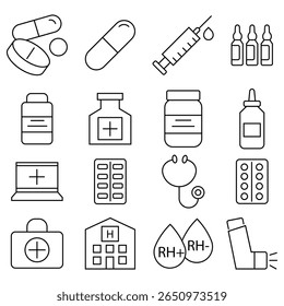 Formas farmacêuticas de dosagem ícones de linha. Cápsula antibiótica, vacinação com seringa, cura do medicamento. Remédio, bandagem, tratamento, medicação, prescrição e muito mais. Várias formas e formas de medicação.