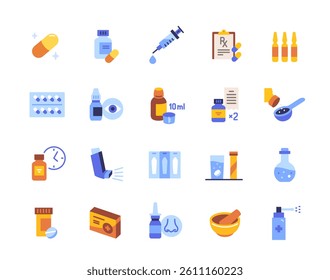 Pharmaceutical dosage icons set. Colorful signs with syringe, pills, suppositories, syrup and spray with medicine. Design elements for app. Flat vector illustration collection isolated on background