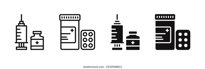 Conjunto de ícones de dosagem farmacêutica. Comprimidos, medicamentos, seringa, vacinação, antibiótico. Ilustração vetorial.