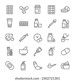 Pharmaceutical dosage thin line icons collection. For website marketing design, logo, app, template, ui, etc. Vector illustration.