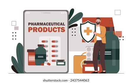 Pharmaceutical drug products concept. Man with pills and tablets. Pharmacy online poster. Health care and medicine, treatment. Cartoon flat vector illustration isolated on white background