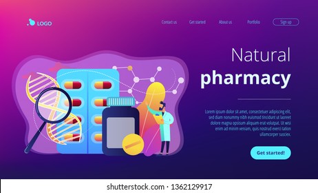 Pharmaceutical drug products manufactured from biological sources. Biopharmacology products, biological medical product, natural pharmacy concept. Website vibrant violet landing web page template.