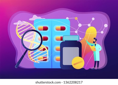 Pharmaceutical drug products manufactured from biological sources. Biopharmacology products, biological medical product, natural pharmacy concept. Bright vibrant violet vector isolated illustration
