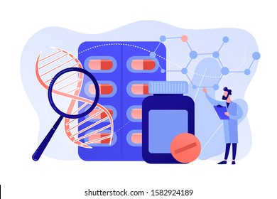 Pharmaceutical drug products manufactured from biological sources. Biopharmacology products, biological medical product, natural pharmacy concept. Pinkish coral bluevector vector isolated illustration