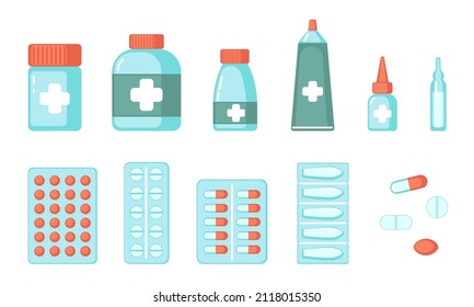 Pharmaceutical drug set isolated on white background.Pills and vials.Stock vector illustration in flat style. 