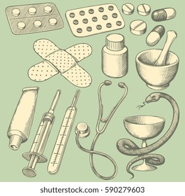 Pharmaceutical drugs. Design set. Hand drawn engraving. Vector vintage illustration. Isolated on color background. 8 EPS