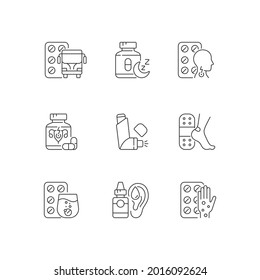 Pharmaceutical drugs linear icons set. Treat motion sickness. Sleep aid. Lozenges for sore throat. Customizable thin line contour symbols. Isolated vector outline illustrations. Editable stroke