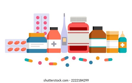 Pharmaceutical drugs and medicine capsules and tablets in flat design on white background.