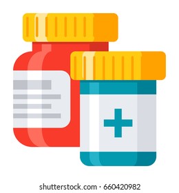 Pharmaceutical drugs and medicine tablets in bottle, vector illustration in flat style
