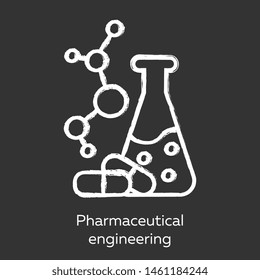 Pharmaceutical engineering chalk icon. Drug formulating. Chemical engineering. Medication quality control. Flask, molecule, capsules. Pharmacology. Isolated vector chalkboard illustration