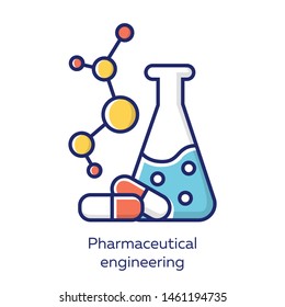 Pharmaceutical engineering color blue icon. Drug formulating. Chemical engineering. Medication quality control. Flask, molecule, capsules. Pharmacology. Biotechnology. Isolated vector illustration