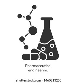 Pharmaceutical engineering glyph icons set. Drug formulating. Chemical engineering. Flask, molecule, capsules. Pharmacology. Biotechnology. Silhouette symbols. Vector isolated illustration