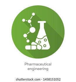 Pharmaceutical engineering green flat design long shadow glyph icon. Drug formulating. Chemical engineering. Flask, molecule, capsules. Pharmacology. Biotechnology. Vector silhouette illustration