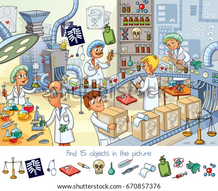 Pharmaceutical factory. Find 15 objects in the picture. Funny cartoon character. Vector illustration