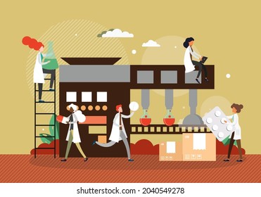 Pharmaceutical Factory Production Line, Pharmacists, Vector Illustration. Drug Manufacturing Process. Pharmacy Industry.