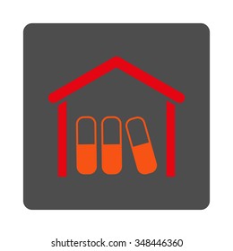 Pharmaceutical Garage vector icon. Style is flat rounded square gray button with red symbol, white background.