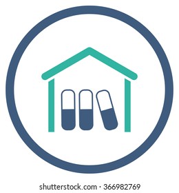 Pharmaceutical Garage vector icon. Style is bicolor flat circled symbol, cobalt and cyan colors, rounded angles, white background.