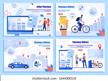 Pharmaceutical Goods Online Store, Medicines Delivery Service Trendy Flat Vector Web Banners, Landing Pages Set. Courier Delivering Order with Car and Bicycle, People Shopping in Internet Illustration