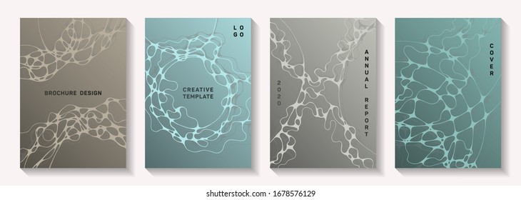 Pharmaceutical healthcare vector covers with neurons, synapses. Crossed curve lines torrent backdrops. Vivid banner vector templates. Neuroscience covers design.