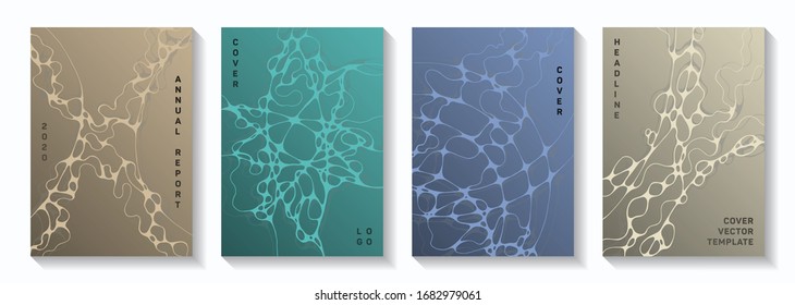 Pharmaceutical healthcare vector covers with neurons, synapses. Marble curve lines torrent backgrounds. Soft brochure vector templates. Anatomy, biology, medicine covers.