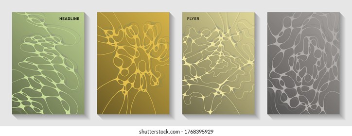 Pharmaceutical healthcare vector covers with neurons, synapses. Bent waves grid backdrops. Flat brochure vector layouts. Microbiology science covers.