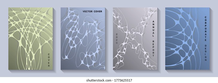 Pharmaceutical healthcare vector covers with neurons, synapses. Crossed waves stream backgrounds. Delicate banner vector layouts. Microbiology science covers.