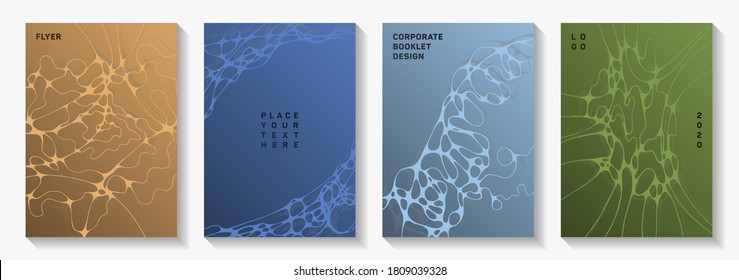 Pharmaceutical healthcare vector covers with neurons, synapses. Marble curve lines flux textures. Subtle title page vector layouts. Healthcare and hygiene covers.