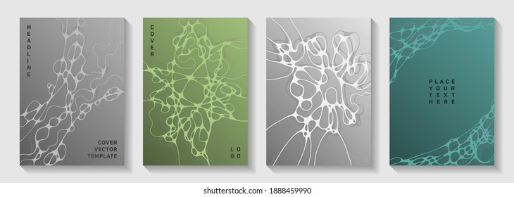 Pharmaceutical healthcare vector covers with neurons, synapses. Smooth waves network backgrounds. Minimalist notebook vector templates. Anatomy, biology, medicine covers.