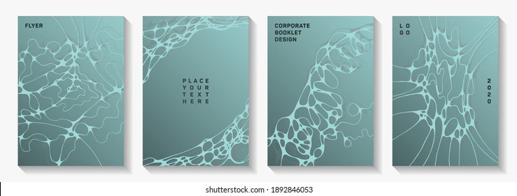 Pharmaceutical healthcare vector covers with neurons, synapses. Doodle curve lines geometry textures. Minimal brochure vector layouts. Laboratory research report covers.