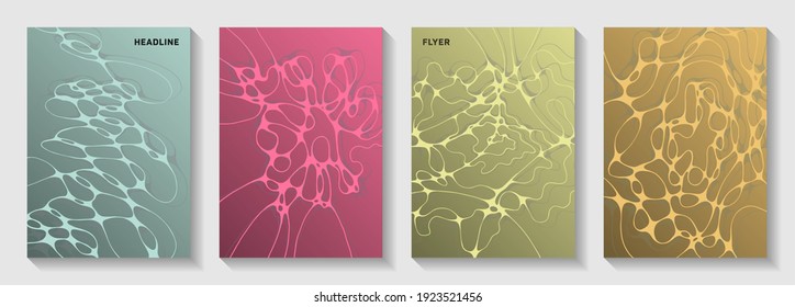 Pharmaceutical healthcare vector covers with neurons, synapses. Bent curve lines fusion textures. Abstract brochure vector layouts. Anatomy, biology, medicine covers.
