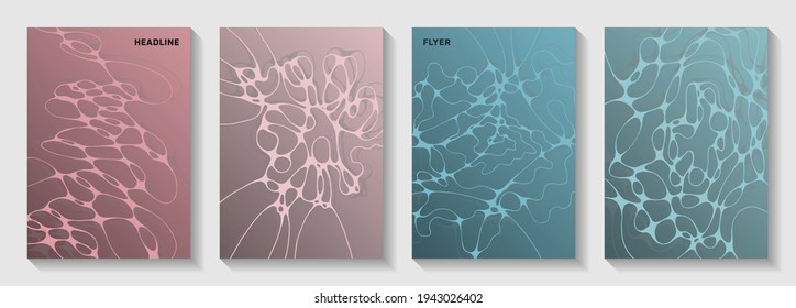 Pharmaceutical healthcare vector covers with neurons, synapses. Fluid curve lines network backdrops. Tracery banner vector templates. Chemistry or physics covers.