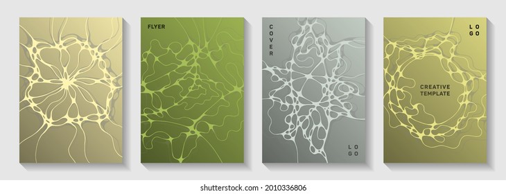 Pharmaceutical healthcare vector covers with neurons, synapses. Fluid waves ripple backgrounds. Abstract title page vector templates. Neuroscience covers design.