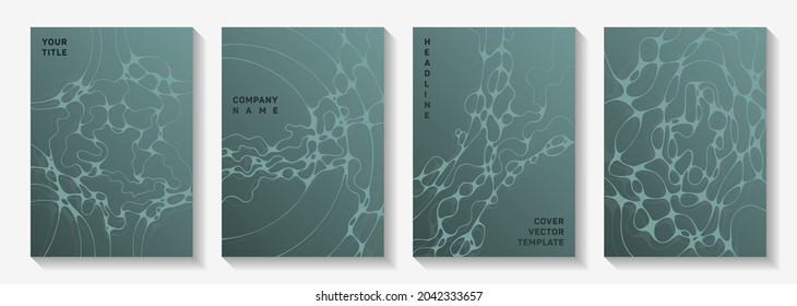 Pharmaceutical healthcare vector covers with neurons, synapses. Marble curve lines geometry textures. Subtle notebook vector templates. Microbiology science covers.