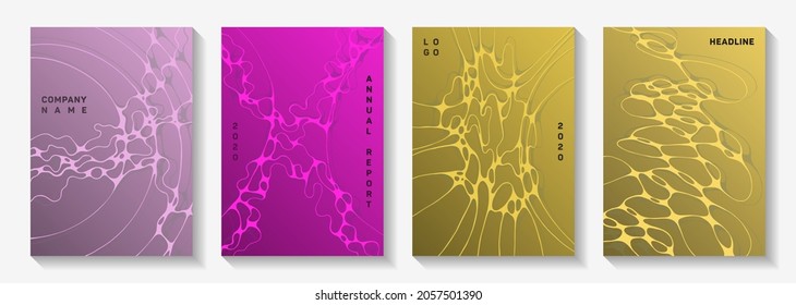 Pharmaceutical healthcare vector covers with neurons, synapses. Overlapping curve lines geometry backgrounds. Delicate notebook vector templates. Anatomy, biology, medicine covers.