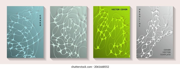 Pharmaceutical healthcare vector covers with neurons, synapses. Smooth curve lines motion textures. Flat magazine vector layouts. Scientific biotechnology covers.