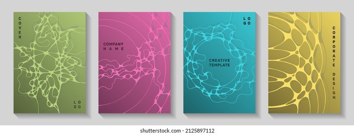 Pharmaceutical healthcare vector covers with neurons, synapses. Liquid waves rete backgrounds. Colorful brochure vector layouts. Anatomy, biology, medicine covers.