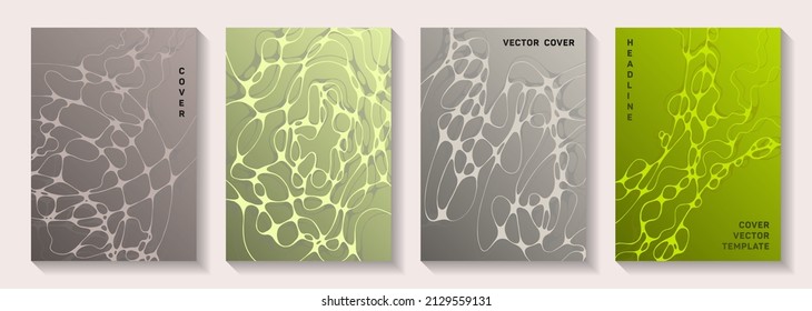 Pharmaceutical healthcare vector covers with neurons, synapses. flexible waves meshwork backgrounds. Flat title page vector layouts. Anatomy, biology, medicine covers.