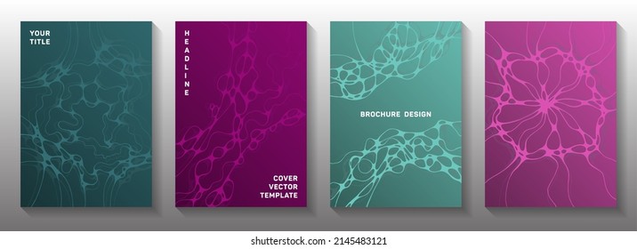 Pharmaceutical healthcare vector covers with neurons, synapses. Fluid curve lines connection textures. Delicate brochure vector layouts. Neuroscience covers design.