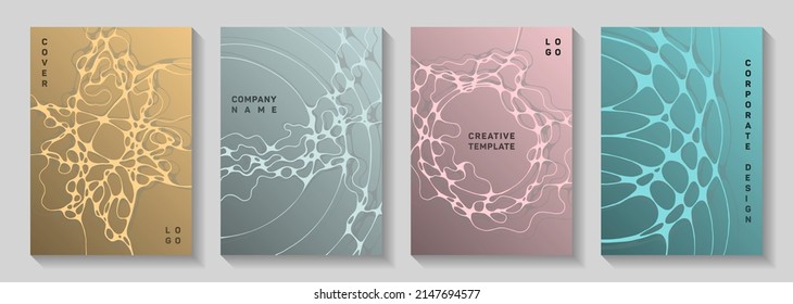 Pharmaceutical healthcare vector covers with neurons, synapses. Crossed curve lines grid textures. Delicate brochure vector templates. Chemistry or physics covers.