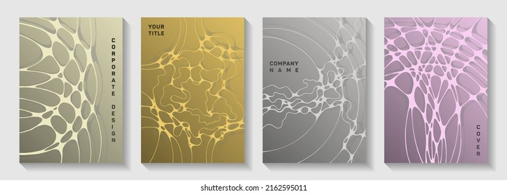 Pharmaceutical healthcare vector covers with neurons, synapses. Overlapping waves motion backgrounds. Openwork title page vector templates. Scientific biotechnology covers.