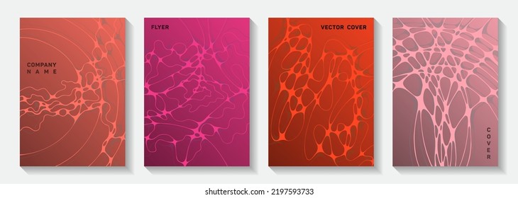 Pharmaceutical healthcare vector covers with neurons, synapses. Overlaying waves network textures. Minimal magazine vector templates. Neurology scientific covers.